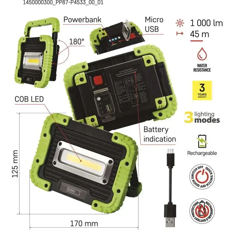 Dobíjací pracovný reflektor COB LED P4533, 1000 lm, 4400 mAh - 1450000300