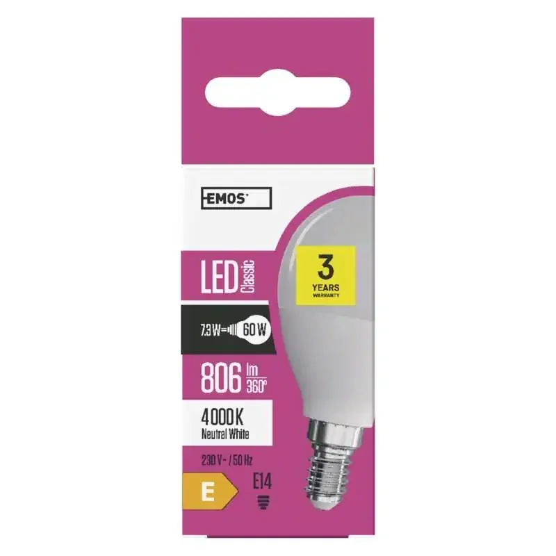 Klasická mini guľôčková žiarovka LED 7,3 W E14 neutrálnej bielej farby - 1525731411
