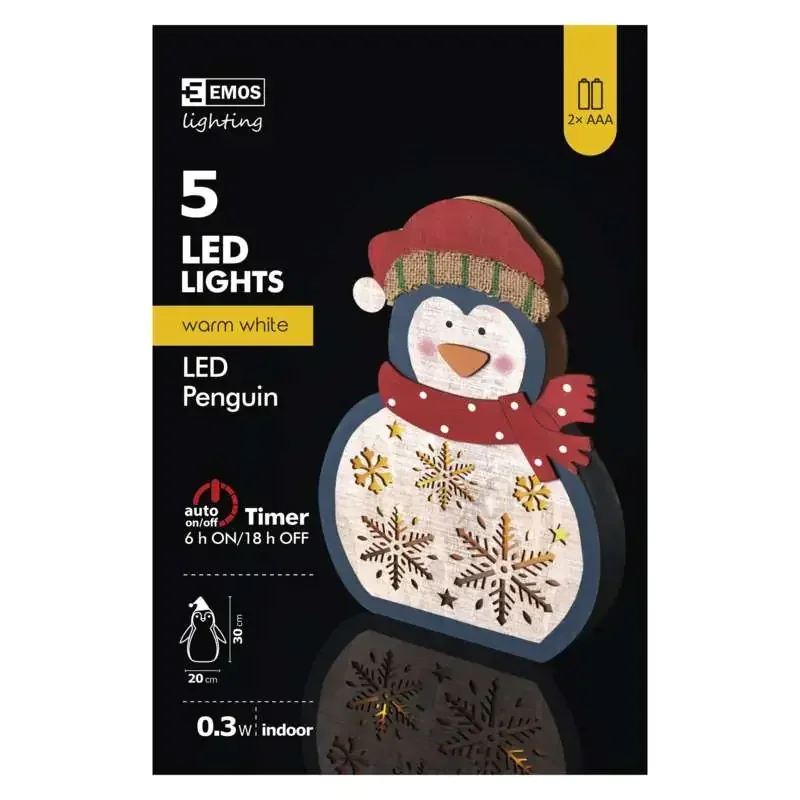 LED drevený vianočný tučniak, 30 cm, 2× AAA, teplá biela, čas - 1534233200