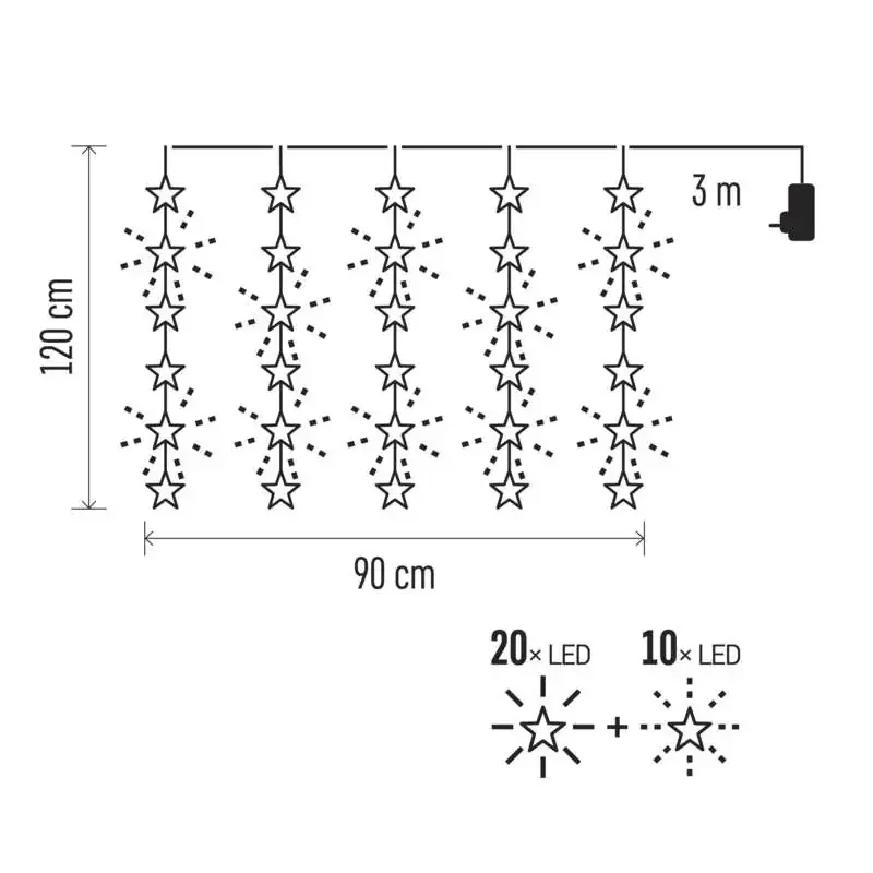 LED vianočný záves - hviezdy, 120x90 cm, vnútorný a vonkajší, teplá biela, časovač - 1550000028
