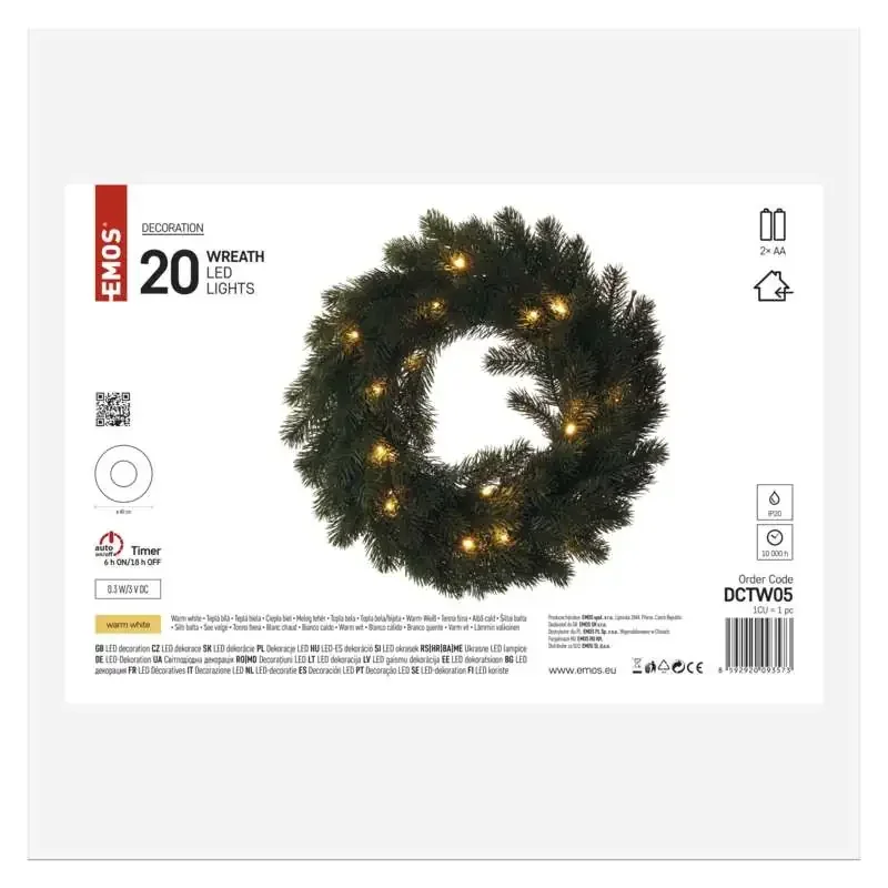 LED vianočný veniec, 40 cm, 2x AA, vnútorný, teplá biela, časovač - 1550000037