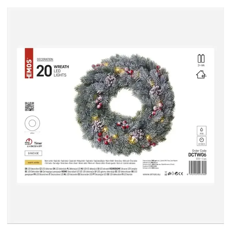 LED vianočný veniec, zasnežený, 38 cm, 2x AA, vnútorný, teplá biela, časovač - 1550000038