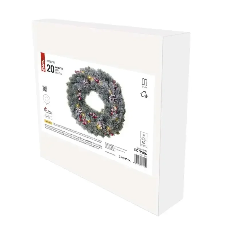 LED vianočný veniec, zasnežený, 38 cm, 2x AA, vnútorný, teplá biela, časovač - 1550000038
