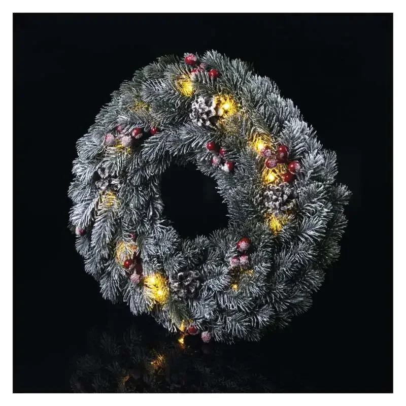 LED vianočný veniec, zasnežený, 38 cm, 2x AA, vnútorný, teplá biela, časovač - 1550000038