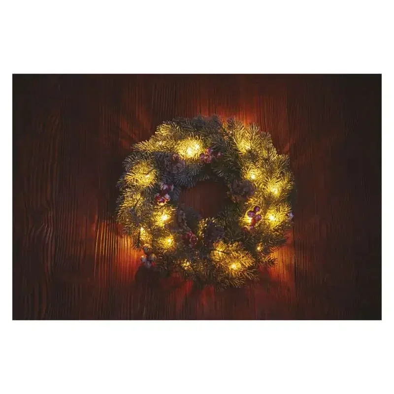 LED vianočný veniec, zasnežený, 38 cm, 2x AA, vnútorný, teplá biela, časovač - 1550000038