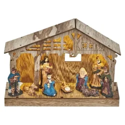 LED drevený vianočný betlehem, 19 cm, 3x AA, vnútorný, teplá biela, časovač - 1550000045
