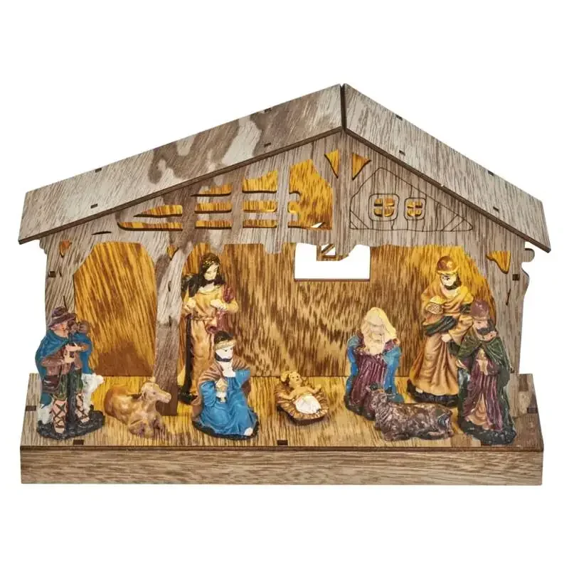LED drevený vianočný betlehem, 19 cm, 3x AA, vnútorný, teplá biela, časovač - 1550000045