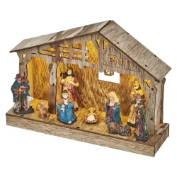 LED drevený vianočný betlehem, 19 cm, 3x AA, vnútorný, teplá biela, časovač - 1550000045