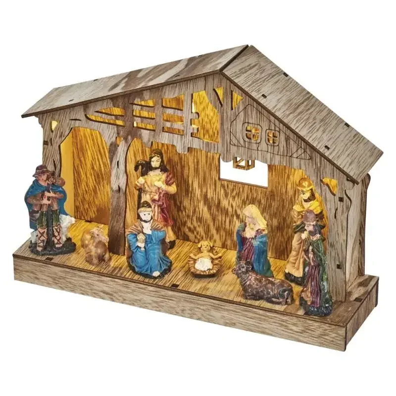 LED drevený vianočný betlehem, 19 cm, 3x AA, vnútorný, teplá biela, časovač - 1550000045