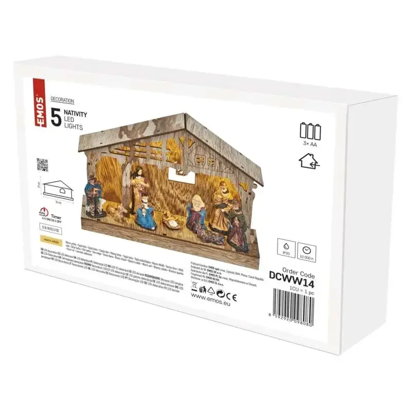 LED drevený vianočný betlehem, 19 cm, 3x AA, vnútorný, teplá biela, časovač - 1550000045