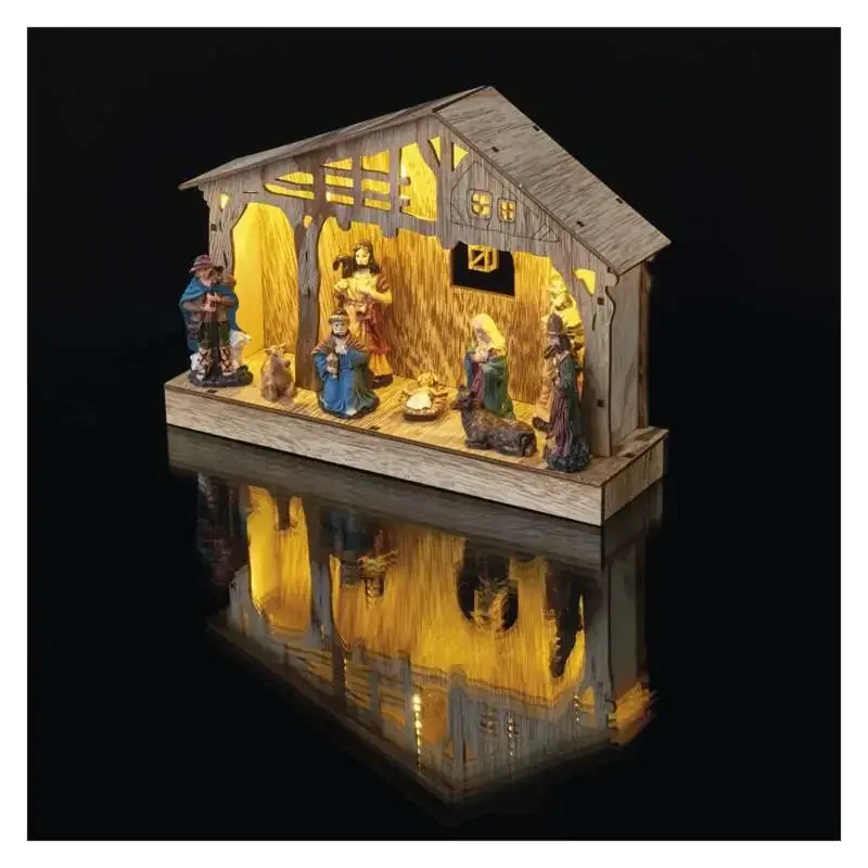 LED drevený vianočný betlehem, 19 cm, 3x AA, vnútorný, teplá biela, časovač - 1550000045