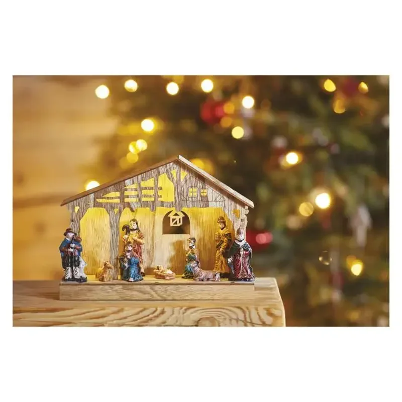 LED drevený vianočný betlehem, 19 cm, 3x AA, vnútorný, teplá biela, časovač - 1550000045