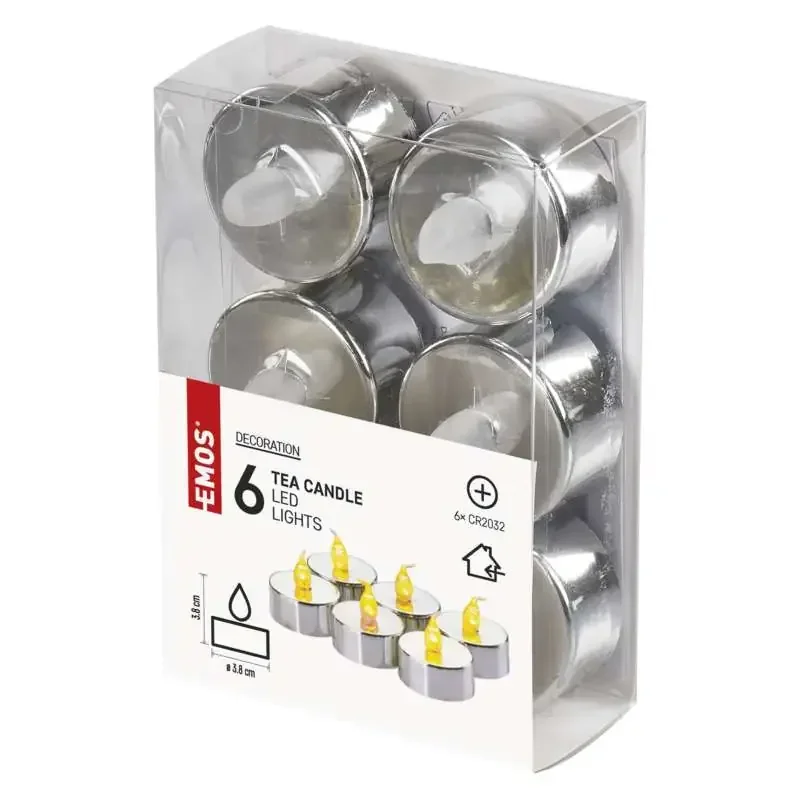 LED dekorácia - čajová sviečka strieborná, CR2032, interiérová, vintage, 6 ks - 1550001011