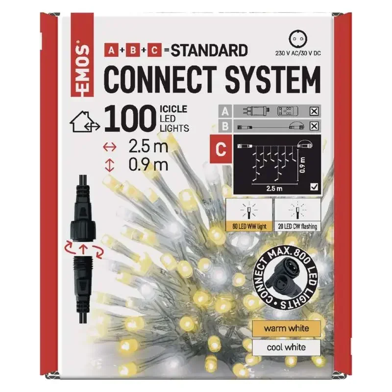 Štandardná blikajúca reťaz LED - Icicles, 2,5 m, vonkajšia, teplá/studená biela - 1550013000