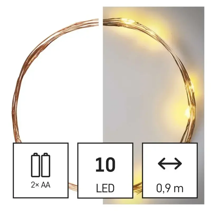 LED vianočná nano reťaz medená, 0,9 m, 2x AA, vnútorná, teplá biela, časovač - 1550030005