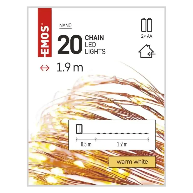 LED vianočná nano reťaz, 1,9 m, 2x AA, vnútorná, teplá biela, časovač - 1550030006