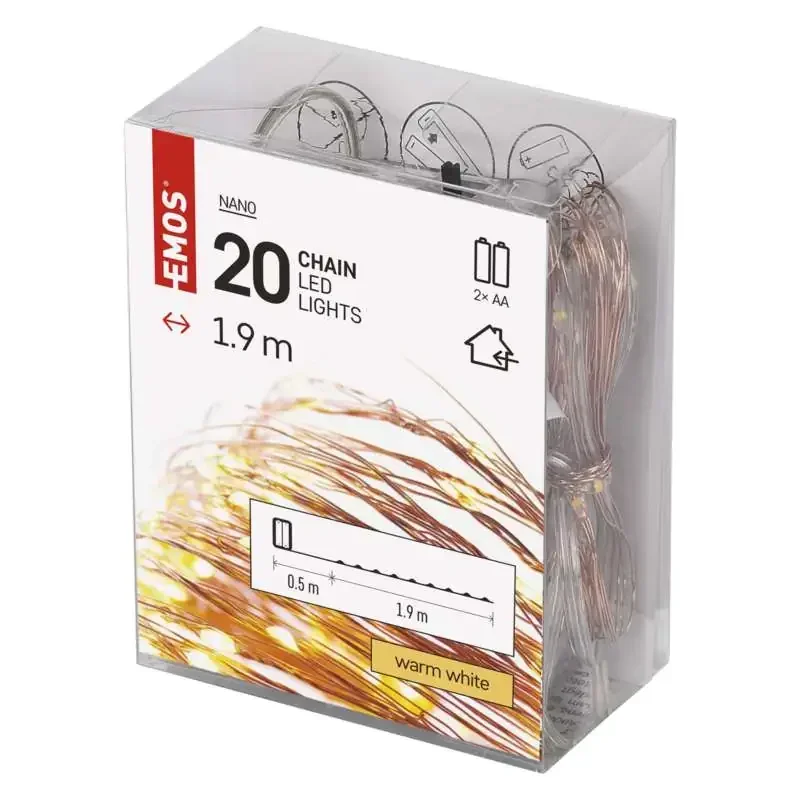 LED vianočná nano reťaz, 1,9 m, 2x AA, vnútorná, teplá biela, časovač - 1550030006