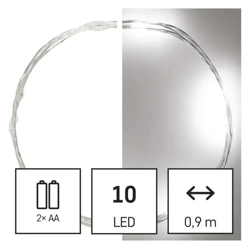 LED vianočná nano reťaz strieborná, 0,9 m, 2x AA, vnútorná, studená biela, časovač - 1550032005