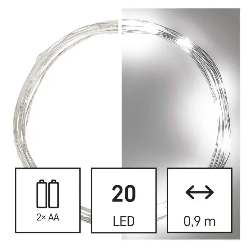 LED vianočná nano reťaz, 1,9 m, 2x AA, vnútorná, studená biela, časovač - 1550032006