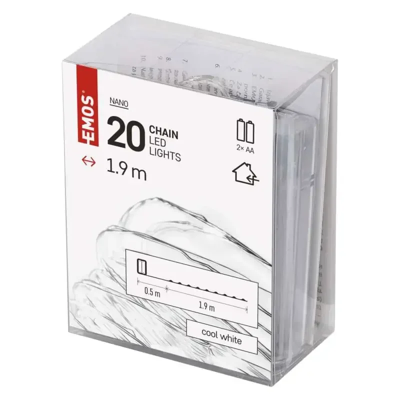 LED vianočná nano reťaz, 1,9 m, 2x AA, vnútorná, studená biela, časovač - 1550032006