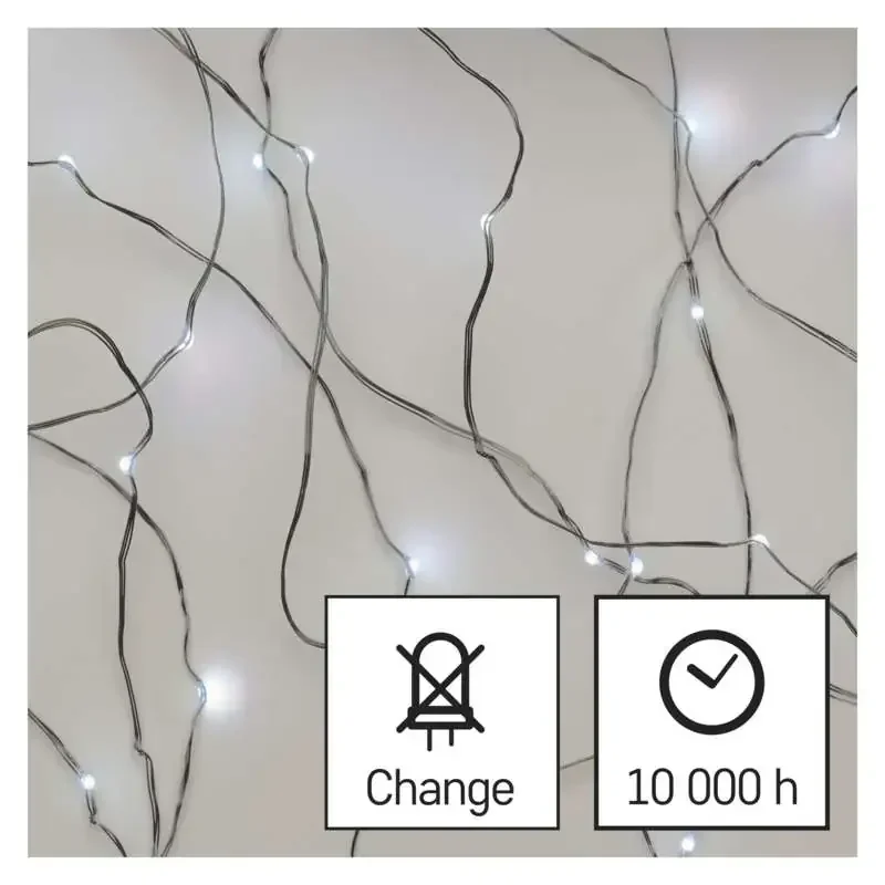 LED vianočná nano reťaz, 1,9 m, 2x AA, vnútorná, studená biela, časovač - 1550032006