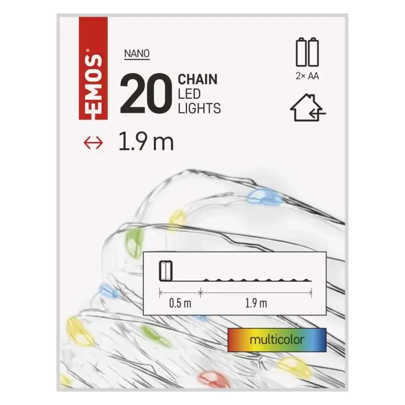 LED vianočná nano reťaz, 1,9 m, 2x AA, vnútorná, viacfarebná, časovač - 1550034003