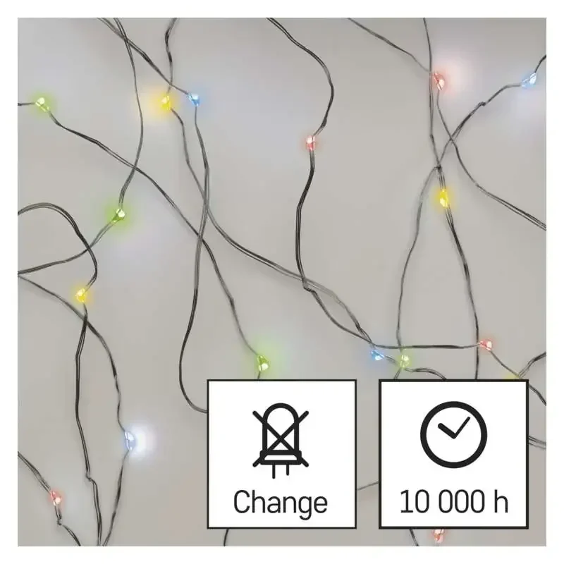 LED vianočná nano reťaz, 1,9 m, 2x AA, vnútorná, viacfarebná, časovač - 1550034003