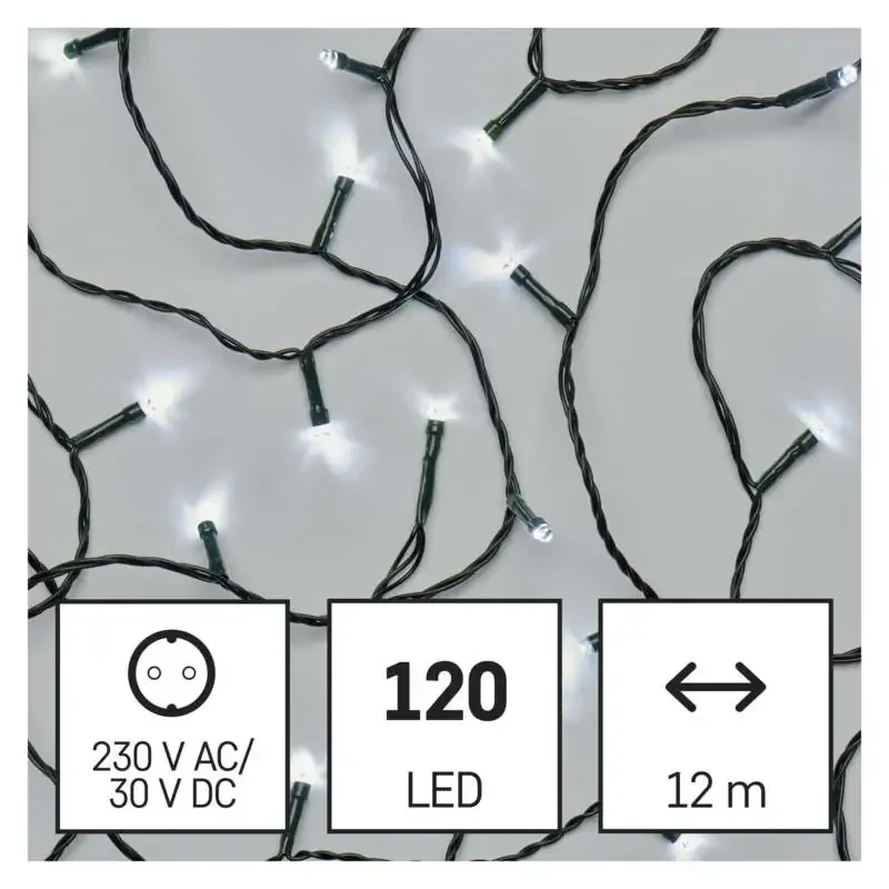 Vianočná reťaz LED, 12 m, vnútorná a vonkajšia, studená biela, časovač - 1550042002
