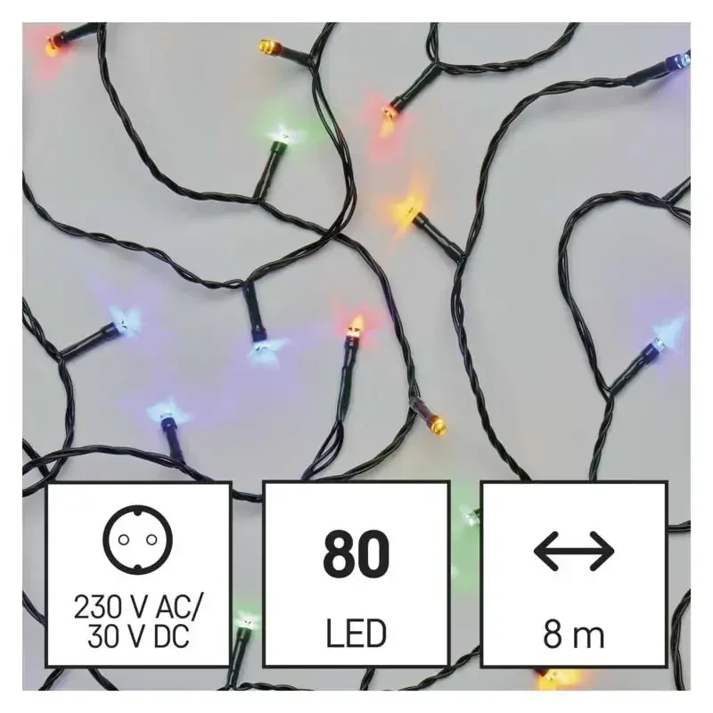 LED vianočná reťaz, 8 m, vnútorná a vonkajšia, viacfarebná, časovač - 1550044001