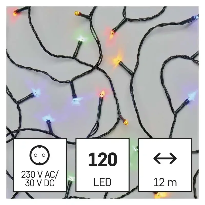 LED vianočná reťaz, 12 m, vnútorná a vonkajšia, viacfarebná, časovač - 1550044002
