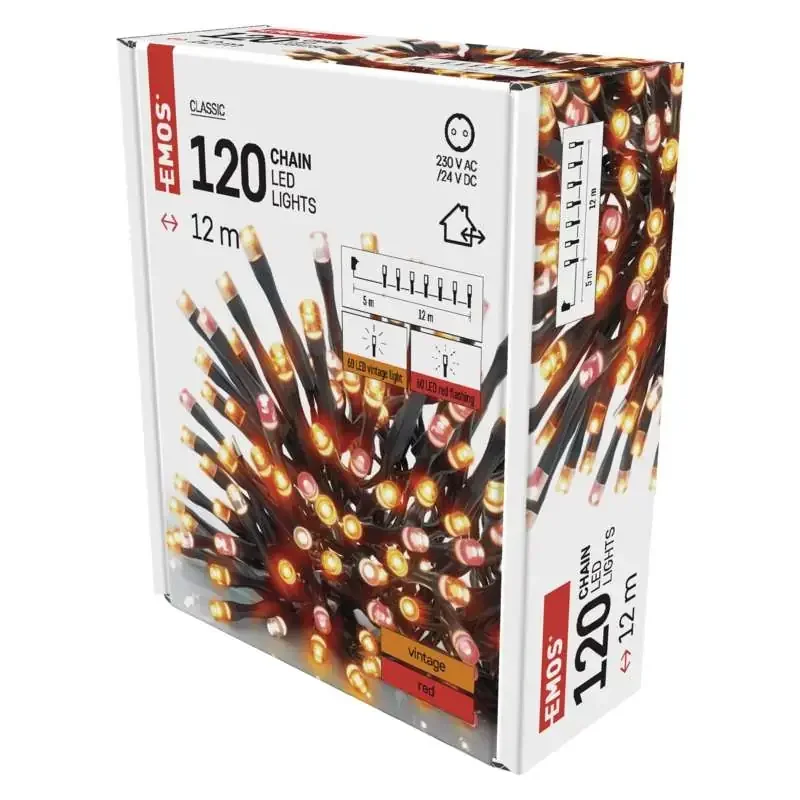 LED vianočná reťaz pulzujúca, 12 m, vnútorná a vonkajšia, vintage/červená, časovač - 1550045000