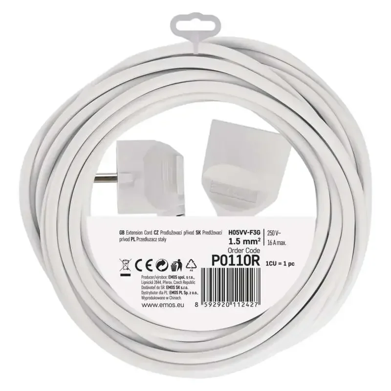 Predlžovací kábel 10 m / 1 zásuvka / biely / PVC / 1,5 mm2 - 1901011004