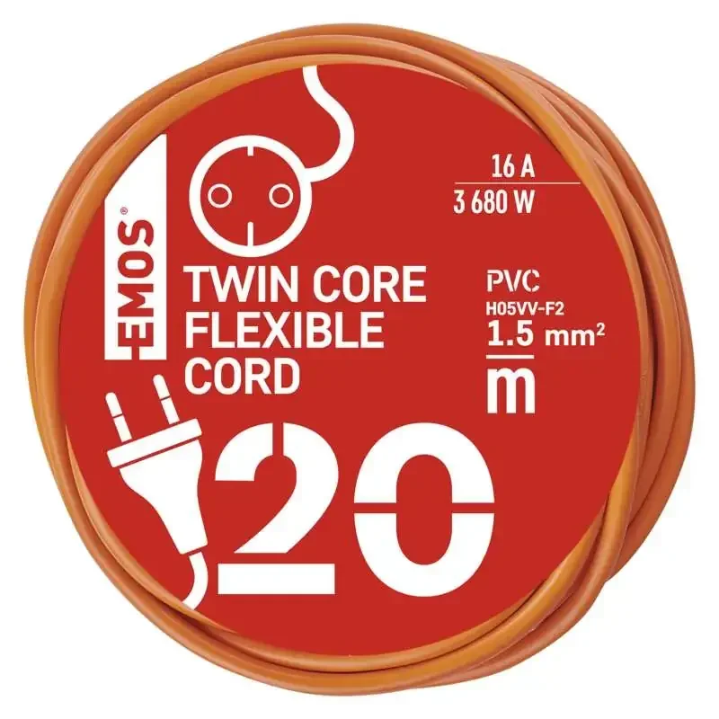 Dvojžilový plávajúci kábel 20 m / 1 zásuvka / oranžová / PVC / 230 V / 1,5 mm2 - 1901012016