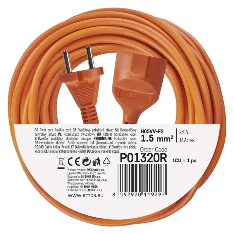 Dvojžilový plávajúci kábel 20 m / 1 zásuvka / oranžová / PVC / 230 V / 1,5 mm2 - 1901012016