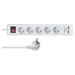 Predlžovací kábel 3 m / 5 zásuviek / s vypínačom / biely / PVC / s USB / 1,5 mm2 - 1902150301