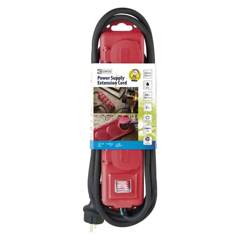Gumový predlžovací kábel - 4 zásuvky, 3 m, 1,5 mm2, IP44 - 1902340301