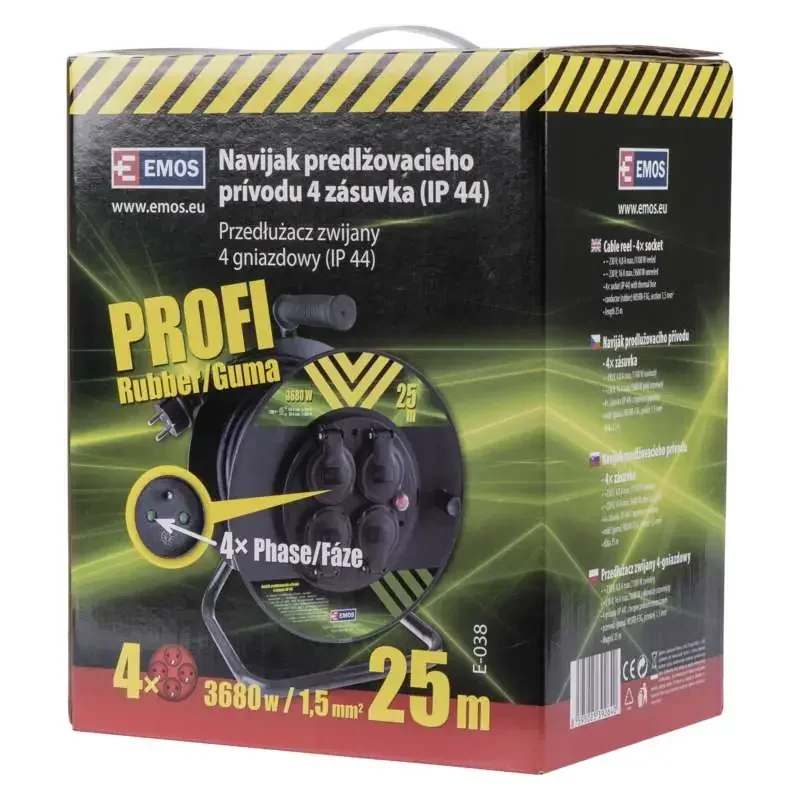 Gumový predlžovací kábel na bubne - 4 zásuvky, 25 m, 1,5 mm2 - 1908242503
