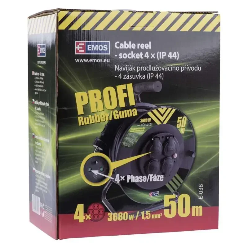 Gumový predlžovací kábel na bubne - 4 zásuvky, 50 m, 1,5 mm2 - 1908245003
