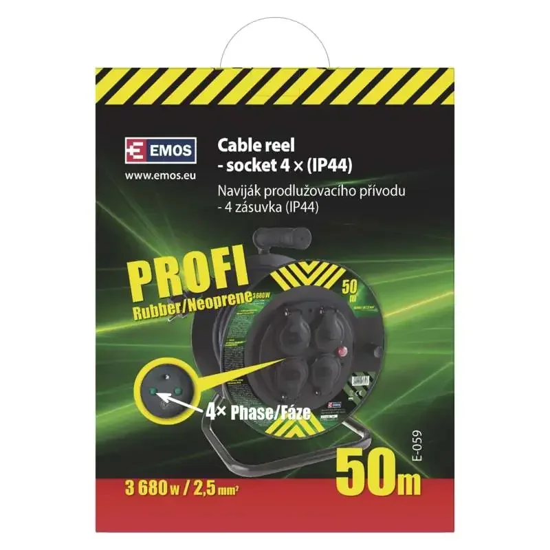 Gumový predlžovací kábel na bubne - 4 zásuvky, 50 m, 2,5 mm2 - 1908545000