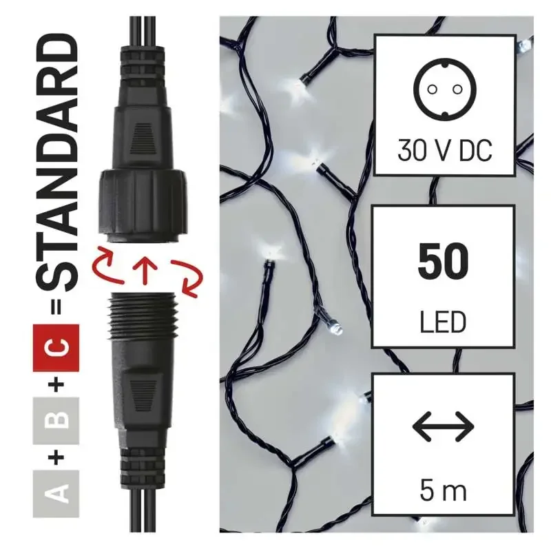 Štandardná spojovacia vianočná reťaz LED, 5 m, vnútorná a vonkajšia, studená biela, časovač D1AC02 - 1550012001