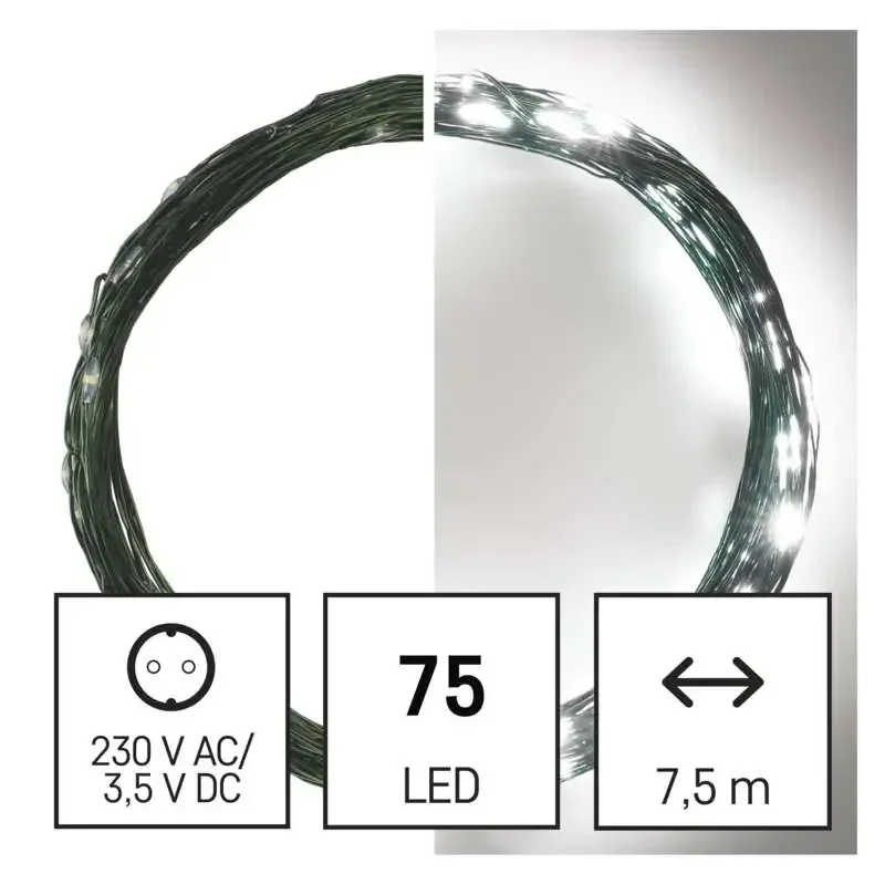1550032003 - LED vianočný nano reťaz, zelený, 7,5 m, do exteriéru aj interiéru, studená biela, časovač