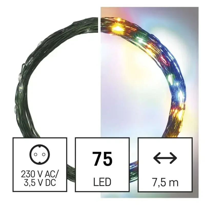 1550034001 - LED vianočný nano reťazec, zelený, 7,5 m, do exteriéru aj interiéru, viacfarebný, časovač