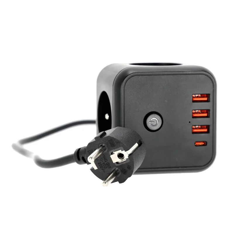 001919 - Predlžovací kábel KOBI LINEA PRO CUBE C 3 zásuvky +3USB/1USB-C/1,5m/Zu+W čierny Kobi