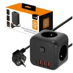 001919 - Predlžovací kábel KOBI LINEA PRO CUBE C 3 zásuvky +3USB/1USB-C/1,5m/Zu+W čierny Kobi