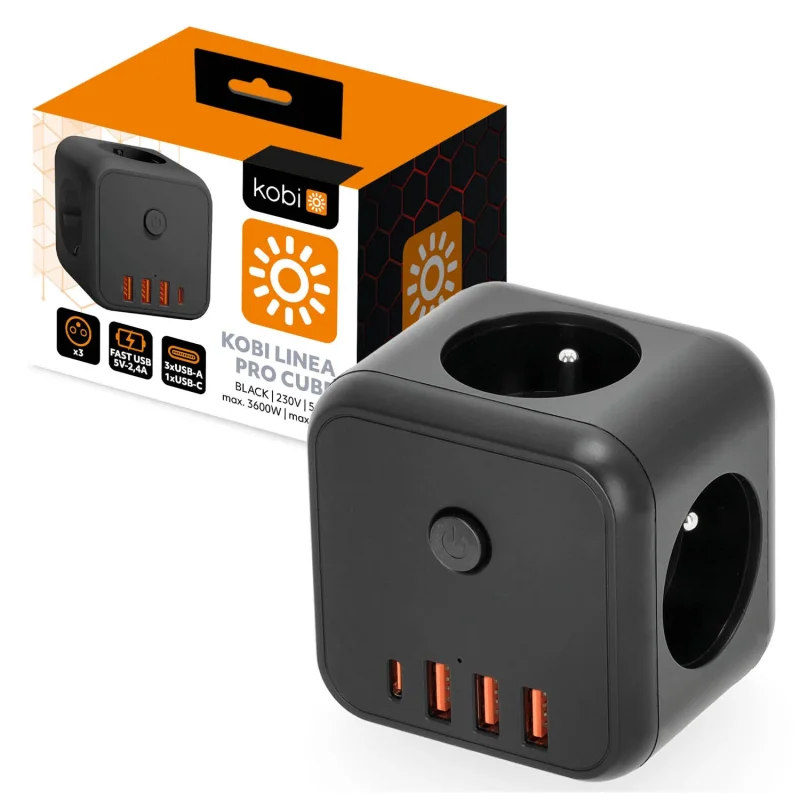 001917 - Predlžovací kábel KOBI LINEA PRO CUBE 3 zásuvky +3USB/1USB-C/Zu+W čierny Kobi 001917 - Predlžovací kábel KOBI LINEA PRO CUBE 3 zásuvky +3USB/1USB-C/Zu+W čierny Kobi