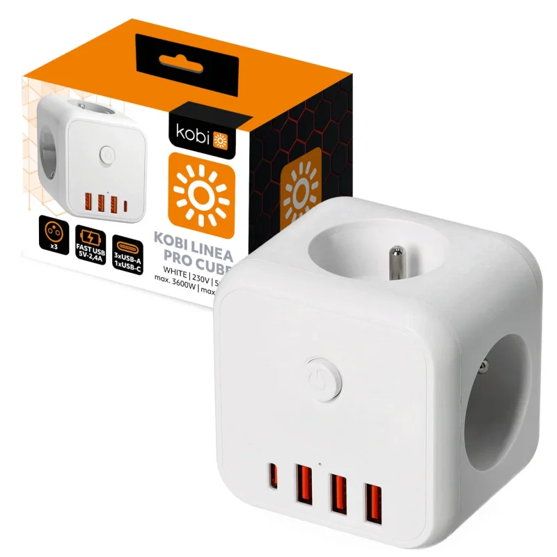001916 - Predlžovací kábel KOBI LINEA PRO CUBE 3 zásuviek +3USB/1USB-C/Zu+W biela Kobi