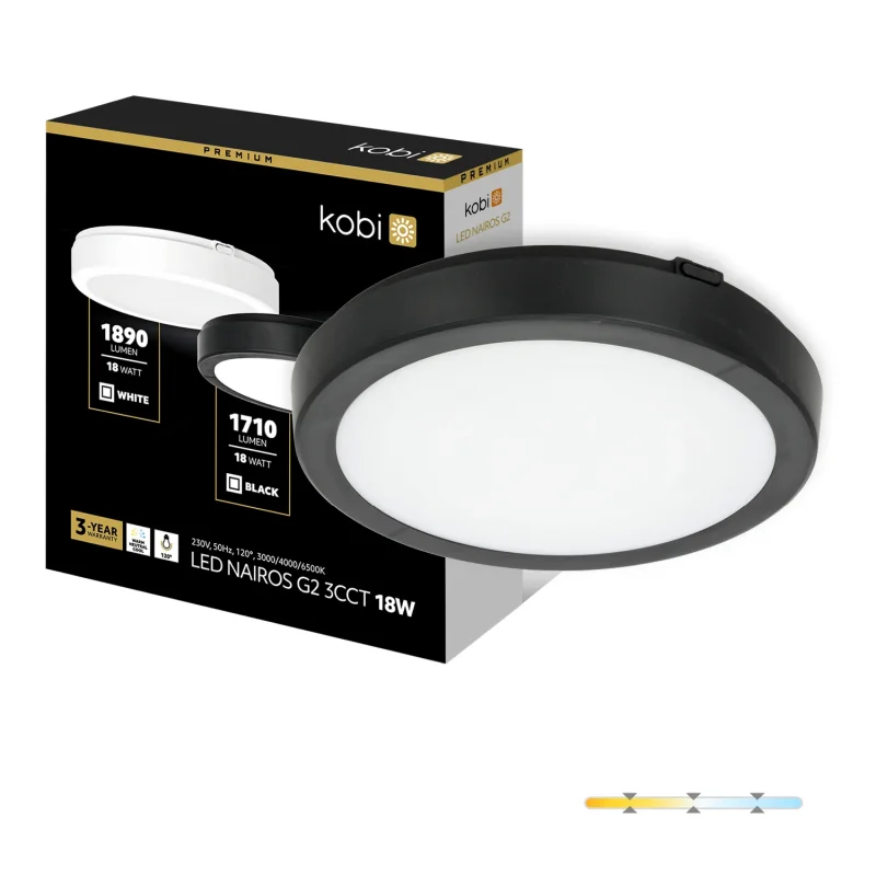 001697 - Stropné LED svietidlo NAIROS G2 18W 3CCT IP65 čierne Kobi Premium