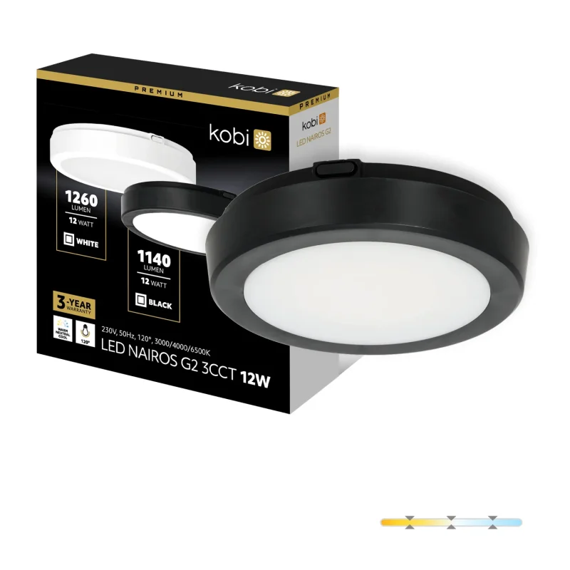 001695 - Stropné LED svietidlo NAIROS G2 12W 3CCT IP65 čierne Kobi Premium